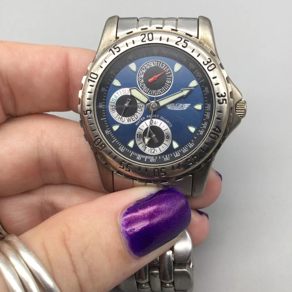 Elgin Sportsman FS39-040 Mens Watch 38mm Blue Dial SS Day Date New Battery 7